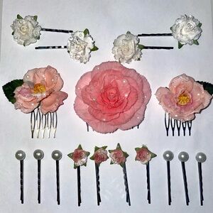 Handmade Floral Hair Accessories Set in Pink and White